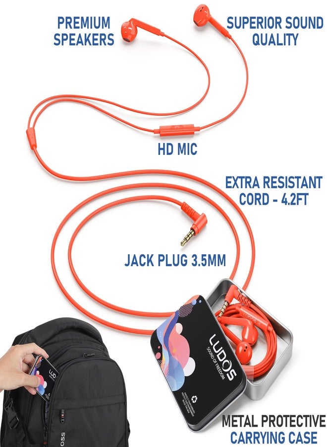 LUDOS FEROX Wired Earbuds in-Ear Headphones, 5 Years Warranty, Earphones with Microphone, Noise Isolation Corded for 3.5mm Jack Ear Buds for iPhone, Samsung, Laptop, Kids, School Students - Coral - Image 2