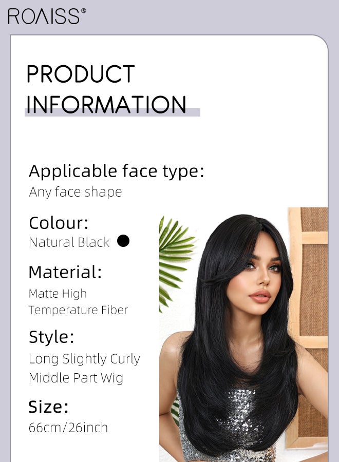 roaiss Natural Black Slightly Curly Long Wig, Women's Middle Parted Soft Synthetic Heat Resistant Layered Wig, Natural Looking Suitable for Wedding, Cosplay Party Daily Wear, 65cm (26 Inches) - Image 2