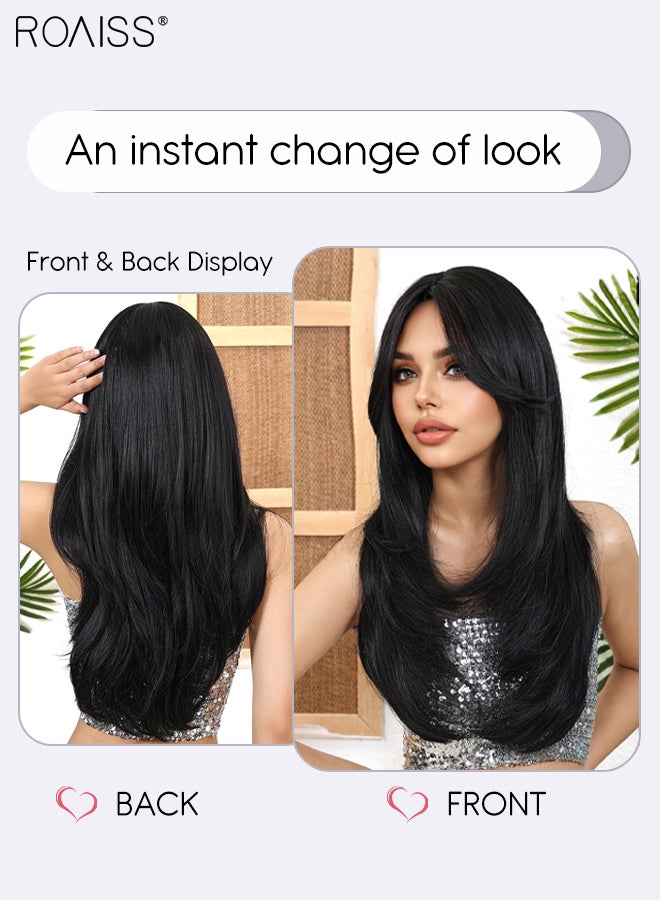 roaiss Natural Black Slightly Curly Long Wig, Women's Middle Parted Soft Synthetic Heat Resistant Layered Wig, Natural Looking Suitable for Wedding, Cosplay Party Daily Wear, 65cm (26 Inches) - Image 3