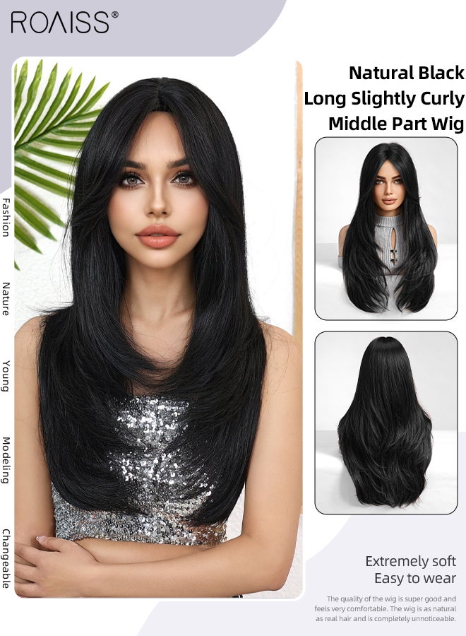 roaiss Natural Black Slightly Curly Long Wig, Women's Middle Parted Soft Synthetic Heat Resistant Layered Wig, Natural Looking Suitable for Wedding, Cosplay Party Daily Wear, 65cm (26 Inches) - Image 1