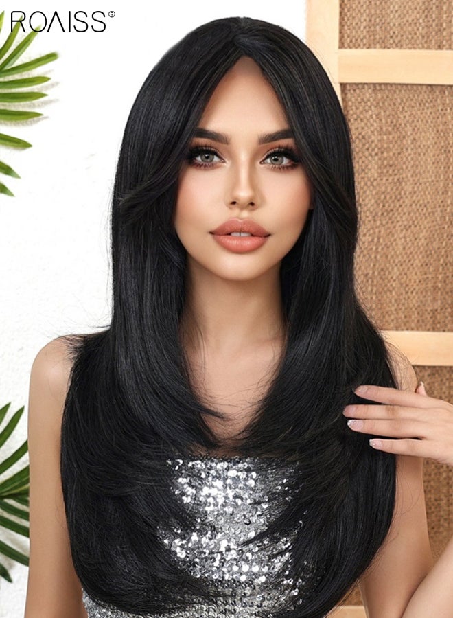 roaiss Natural Black Slightly Curly Long Wig, Women's Middle Parted Soft Synthetic Heat Resistant Layered Wig, Natural Looking Suitable for Wedding, Cosplay Party Daily Wear, 65cm (26 Inches) - Image 5