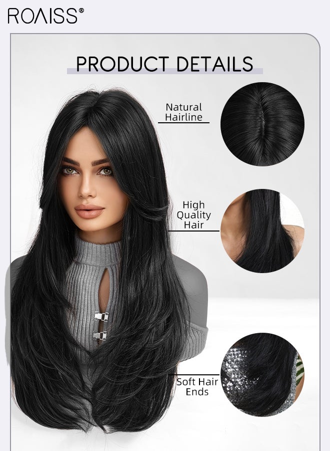 roaiss Natural Black Slightly Curly Long Wig, Women's Middle Parted Soft Synthetic Heat Resistant Layered Wig, Natural Looking Suitable for Wedding, Cosplay Party Daily Wear, 65cm (26 Inches) - Image 4