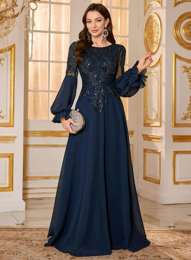Supgir Navy Blue Embellished A-Line Maxi Evening Dress