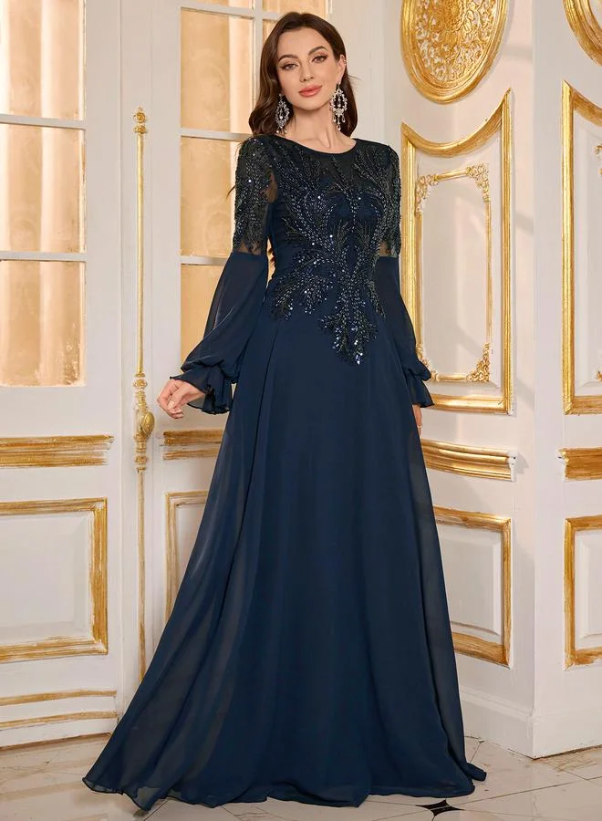 Supgir Navy Blue Embellished A-Line Maxi Evening Dress