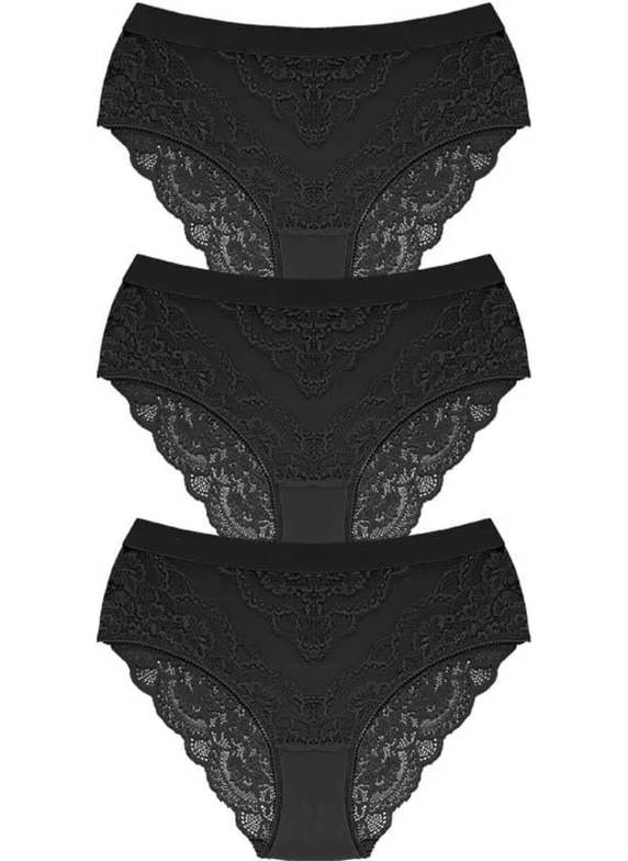 COTTONHILL Lace Transparent Back Plus Size Bikini Panties 3-Pack-3