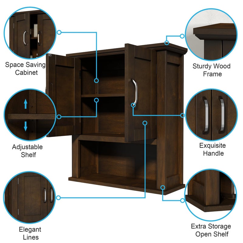 ChooChoo Wood Wall Cabinet with Doors, Medicine Cabinet with Adjustable Shelves Over The Toilet, Rustic Cabinet Wall Mounted for Bathroom, Kitchen, Living Room, Walnut - Image 3