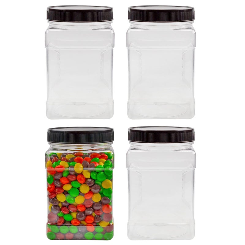 Cornucopia Brands 32oz Square Plastic Jars 4Pack Quart Clear Rectangular 4Cup Canisters wBlack Lids EasyGrip Side