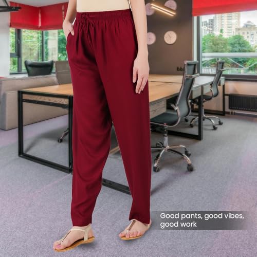 Happy Bunny Rayon Straight Pants for Women, Stylish Solid Regular Fit Kurti Bottom Wear with Elastic Waist, Adjustable Drawstring & Side Pocket, Casual, Office (2XL, Burgundy MEROON) - Image 3
