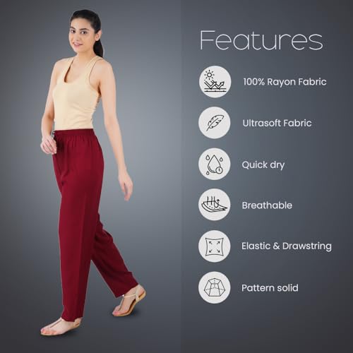 Happy Bunny Rayon Straight Pants for Women, Stylish Solid Regular Fit Kurti Bottom Wear with Elastic Waist, Adjustable Drawstring & Side Pocket, Casual, Office (2XL, Burgundy MEROON) - Image 2