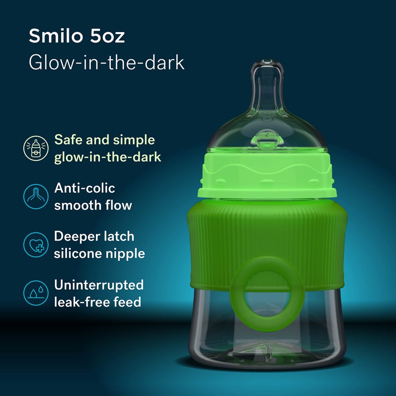 Smilo Baby Bottle Set with Stage 0 Slow Flow Anti Colic Nipple, 5 Oz / 150 ml Capacity, 3X Pack of Anti Colic Baby Bottles 0-3 Months - Glow in The Dark - Image 2