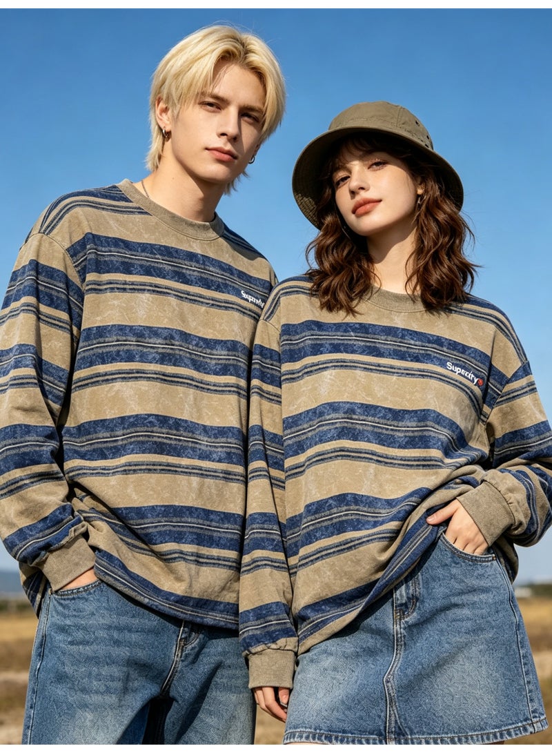 سوبر دراي Superdry Men and women with the same old striped round neck contrast striped loose sweater - Image 2