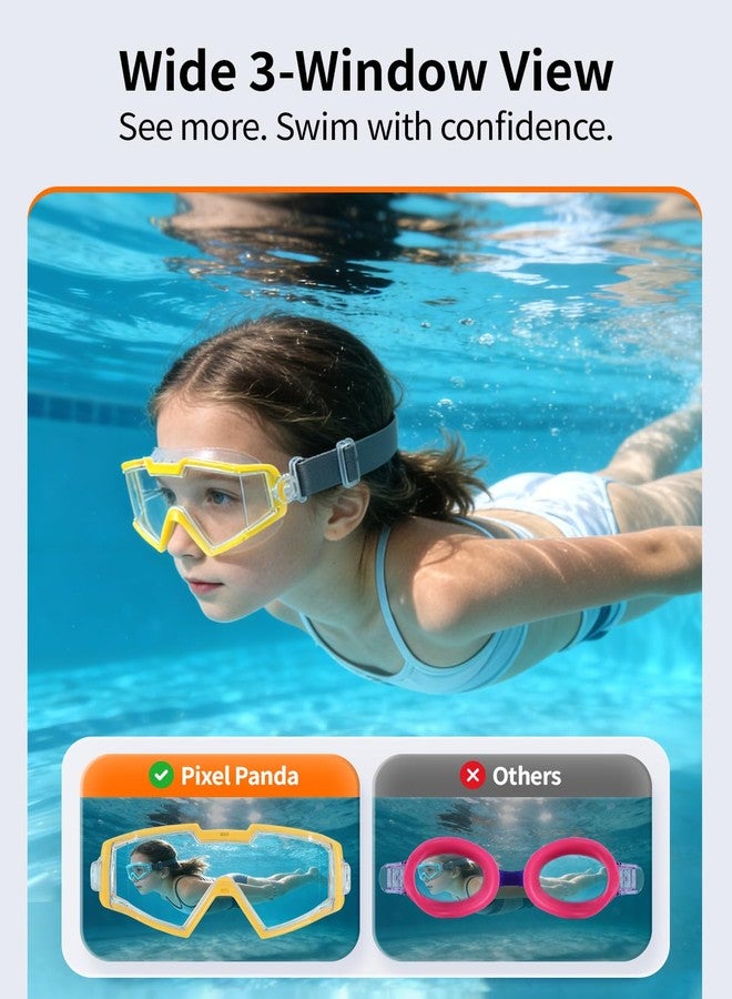 Pixel Panda 2 Pack Swim goggles for Kids 6-14, Wide View Kids Swim Goggles with Fabric Strap for Boys Girls, No leak Anti-Fog Anti-UV, Sky-blue & Yellow - Image 2