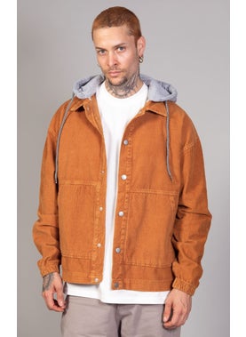 Men's Camel Detachable Hooded Oversize Cotton Velvet Jacket