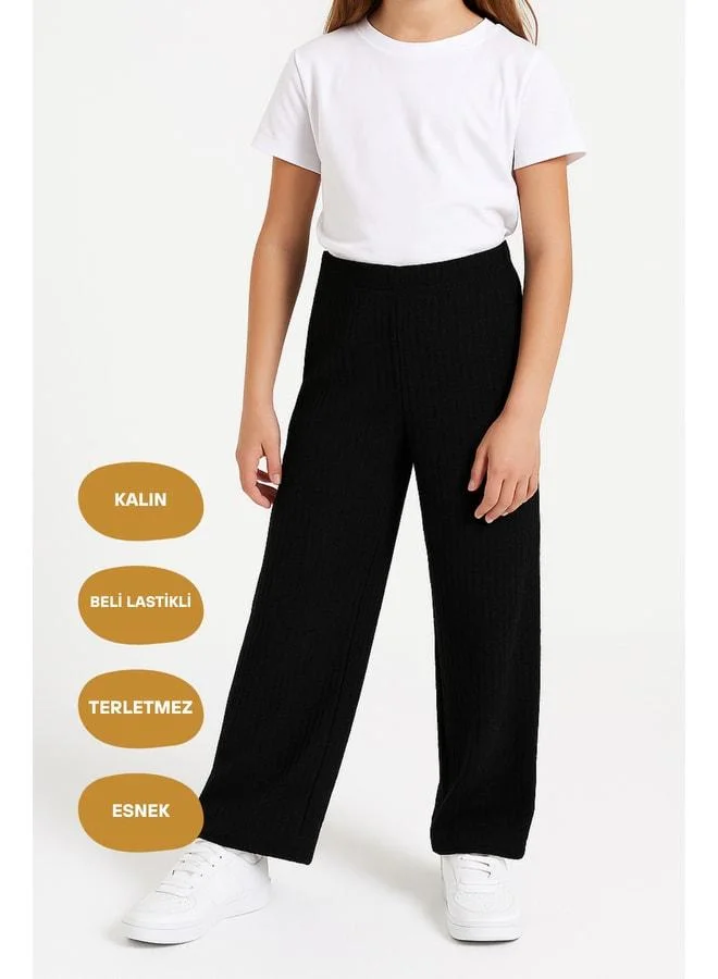 Mmetalic Black Wide-Leg Elastic-Waist Winter Cotton Kids Sweatpants