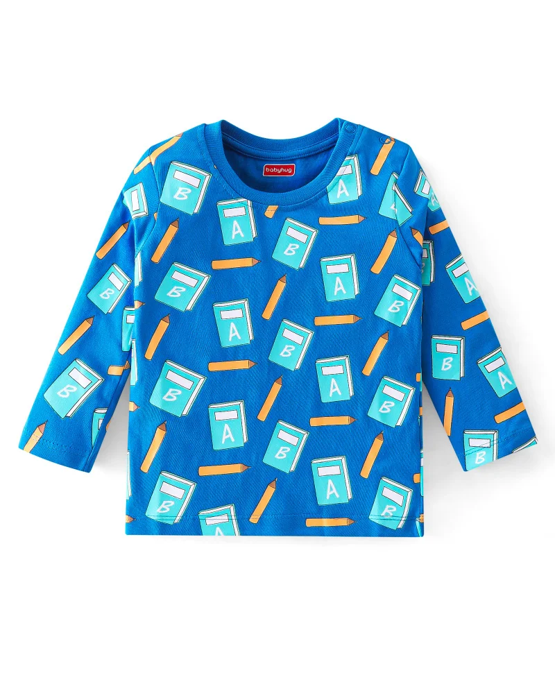 babyhug Babyhug 100% Cotton Knit Full Sleeves T-Shirt Note Book Print - Blue