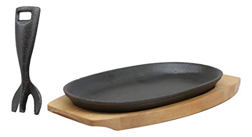 Ebros Gift Ebros Personal Sized 95Lx55W Cast Iron Sizzling Fajita Skillet Japanese Steak Plate With Handle and Wooden Base For Restaurant Home Kitchen Cooking Accessory For Pan Grilling Meats Seafood 