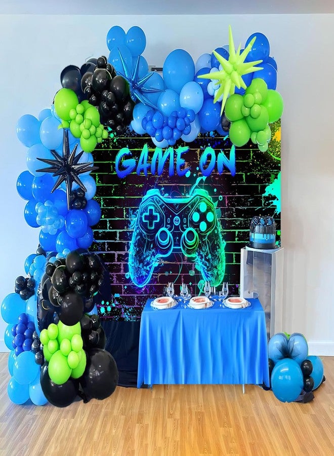 Mocsicka Game On Backdrop Video Game for Boys Level Up Birthday Party Decoration Game Night Arcade Neon Glow Gamer Banner Photography Background (Blue, 7x5ft(82"x60")) - Image 2