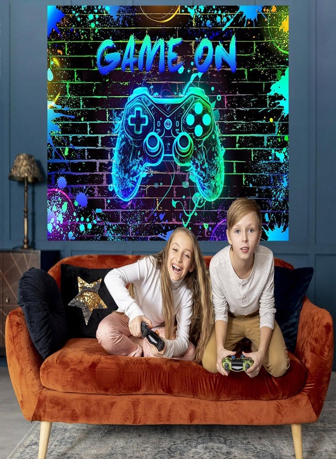 Mocsicka Game On Backdrop Video Game for Boys Level Up Birthday Party Decoration Game Night Arcade Neon Glow Gamer Banner Photography Background (Blue, 7x5ft(82"x60")) - Image 3