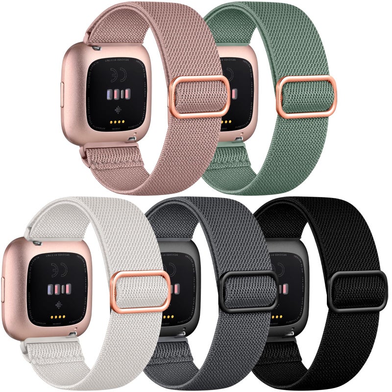 DaQin Elastic Sport Nylon Band Compatible with Fitbit Versa 2 Watch Bands Women Men, 5 Pack Adjustable Stretchy Solo Loop Wristband for Versa/Versa Lite/SE/Fitbit Versa 2 Bands Women of Smartwatch - Image 1