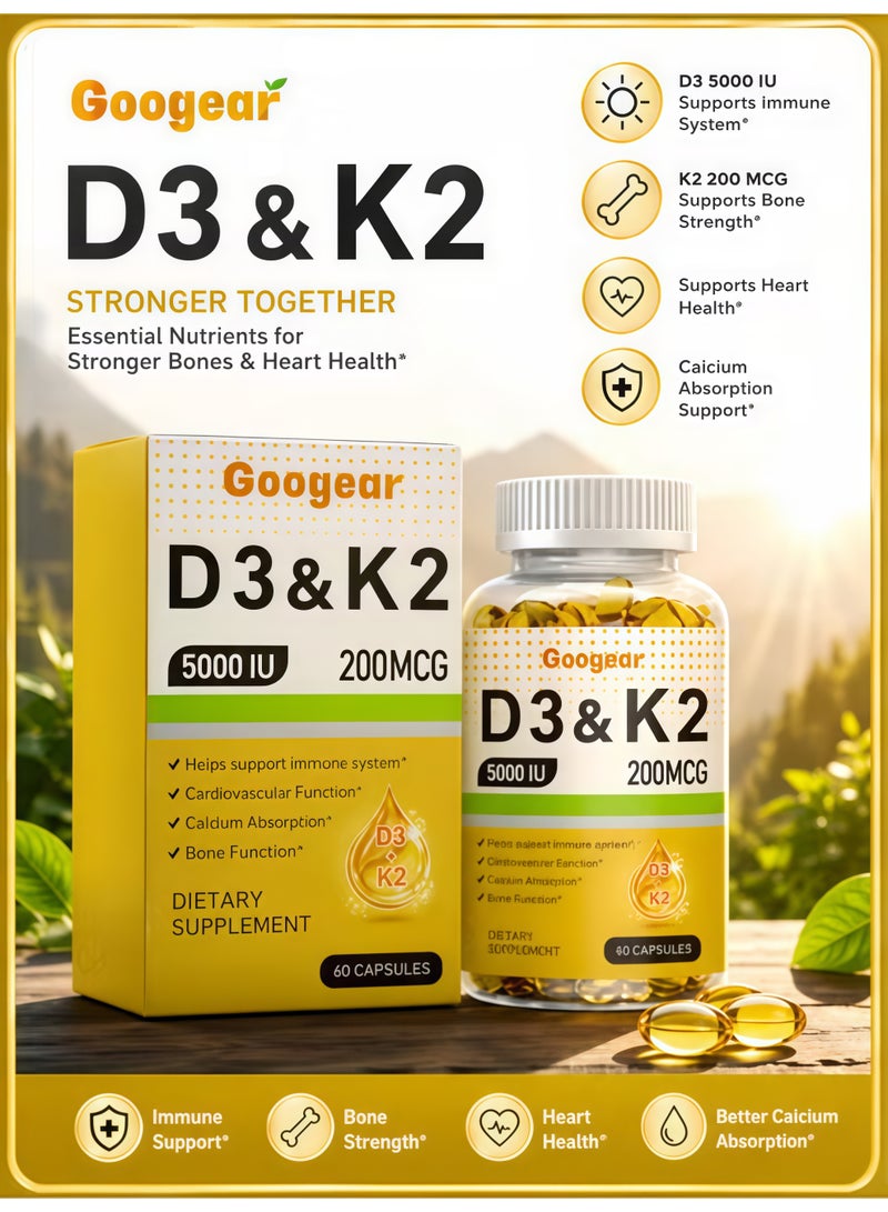 K2 Googeer Vitamin D3 & K2 Softgels (5000 IU D3 + 200 MCG K2) – Supports Immune Function, Cardiovascular Health, Calcium Absorption & Bone Formation, 120 Capsules | Premium Dietary Supplement for Whole Family Wellness - Image 1