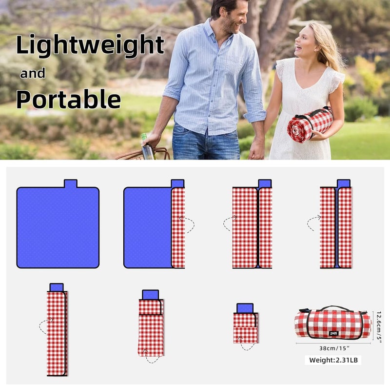 ZAZE Picnic Blanket Extra Large Waterproof, 80''x80''Checkered Picnic Blankets Beach, Outdoor, Camping on Grass (Red and White) - Image 5