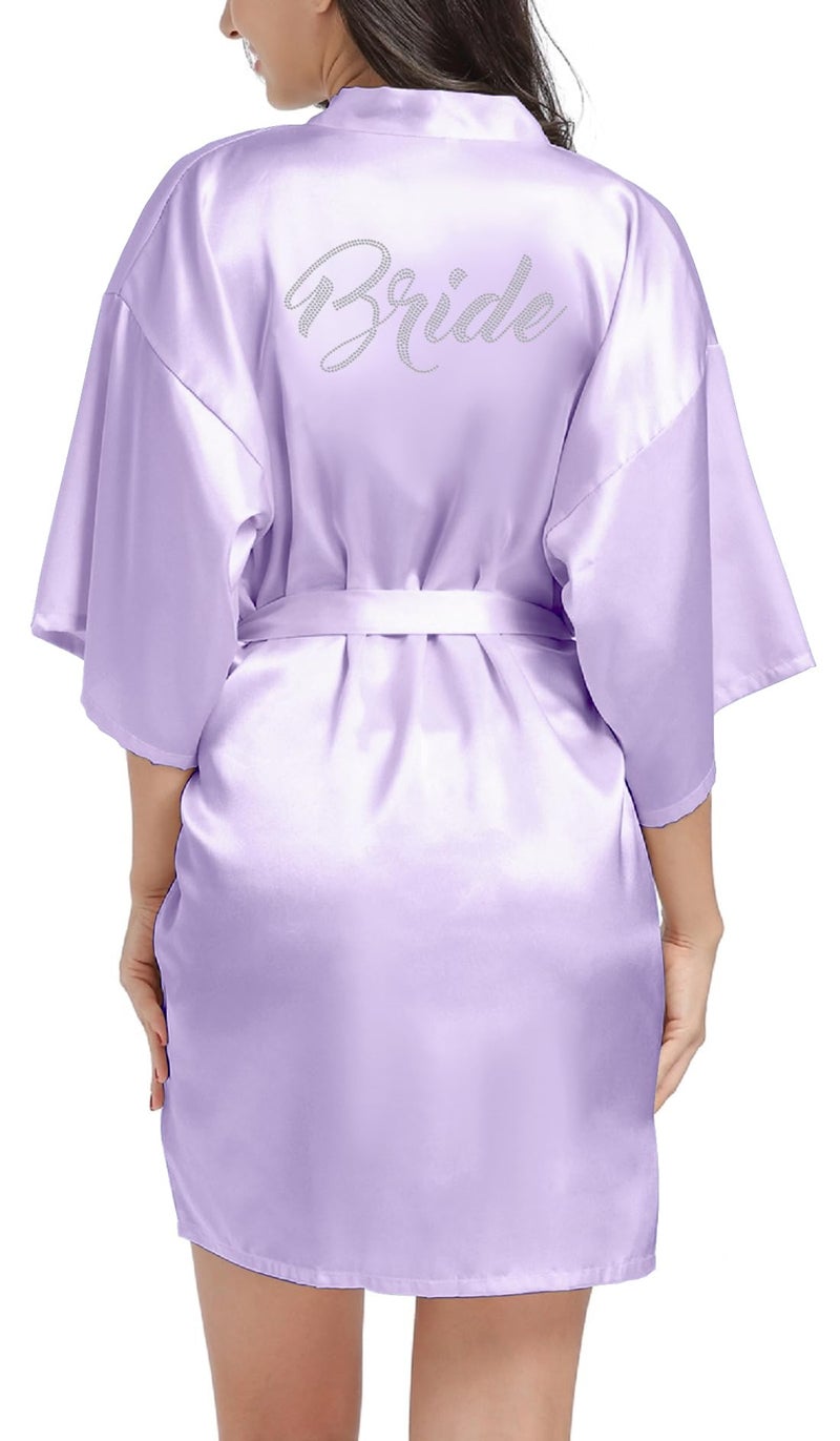 sunshinemall Women's Satin Kimono Robes with Rhinestones Bride Bridesmaid Short Getting Ready Wedding Dressing Gown - Image 2