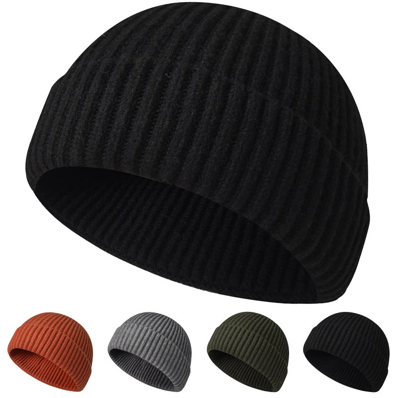 NAHOSY Fisherman Beanie Hats, Unisex Skullcap Trawler Short Cuff Knittet Beanie for Men Women Watch Cap Warm Winter Hat, Black - Image 1