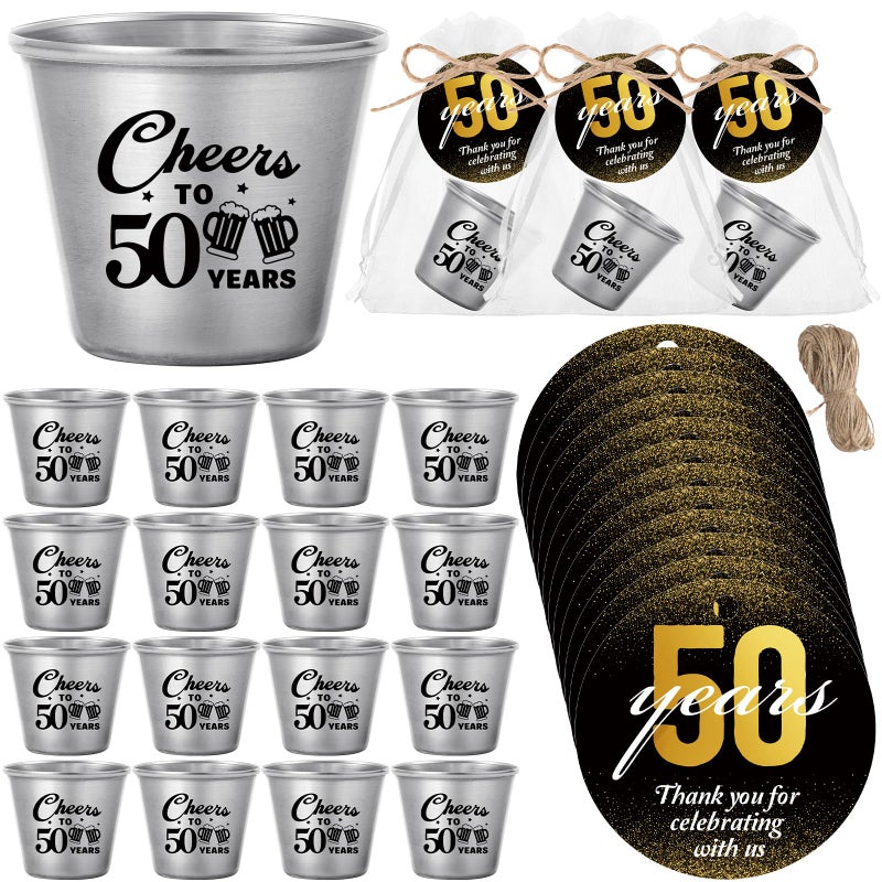 Skybooly 50 Sets 50th Birthday Party Favors for Guests Souvenir Shot Glasses Cheers to 50 Year Stainless Steel Shot Glasses Thank You Tag Organza Bag Twine Birthday Gift for Anniversary Wedding Shower