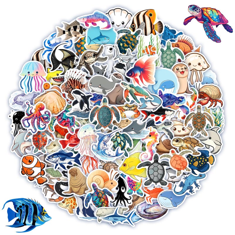 ViKiVi 100 Pcs Ocean Stickers for Kids Teens Adults, Under The Sea Animal Fish Turtle Stickers for Water Bottle Laptop, Waterproof Sea Creature Sticker Pack, Cute Ocean Party Favors & Decorations - Image 1
