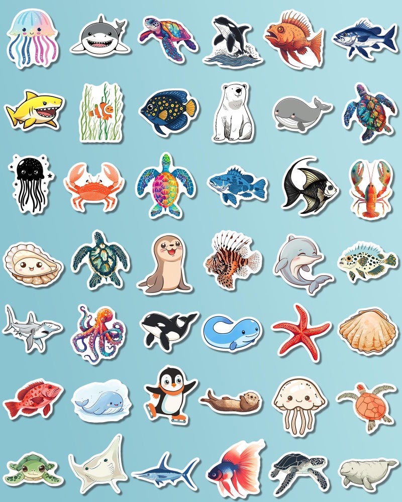 ViKiVi 100 Pcs Ocean Stickers for Kids Teens Adults, Under The Sea Animal Fish Turtle Stickers for Water Bottle Laptop, Waterproof Sea Creature Sticker Pack, Cute Ocean Party Favors & Decorations - Image 5