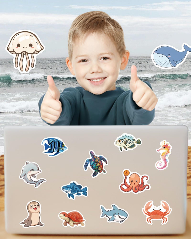 ViKiVi 100 Pcs Ocean Stickers for Kids Teens Adults, Under The Sea Animal Fish Turtle Stickers for Water Bottle Laptop, Waterproof Sea Creature Sticker Pack, Cute Ocean Party Favors & Decorations - Image 3