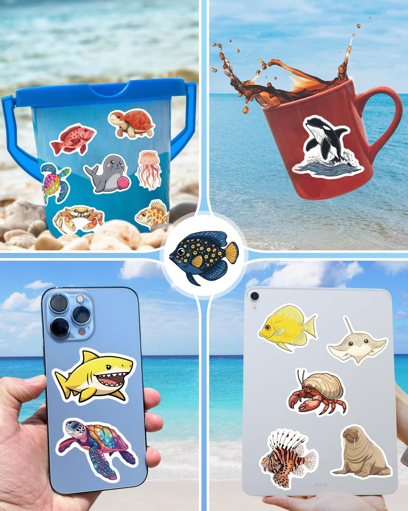 ViKiVi 100 Pcs Ocean Stickers for Kids Teens Adults, Under The Sea Animal Fish Turtle Stickers for Water Bottle Laptop, Waterproof Sea Creature Sticker Pack, Cute Ocean Party Favors & Decorations - Image 4