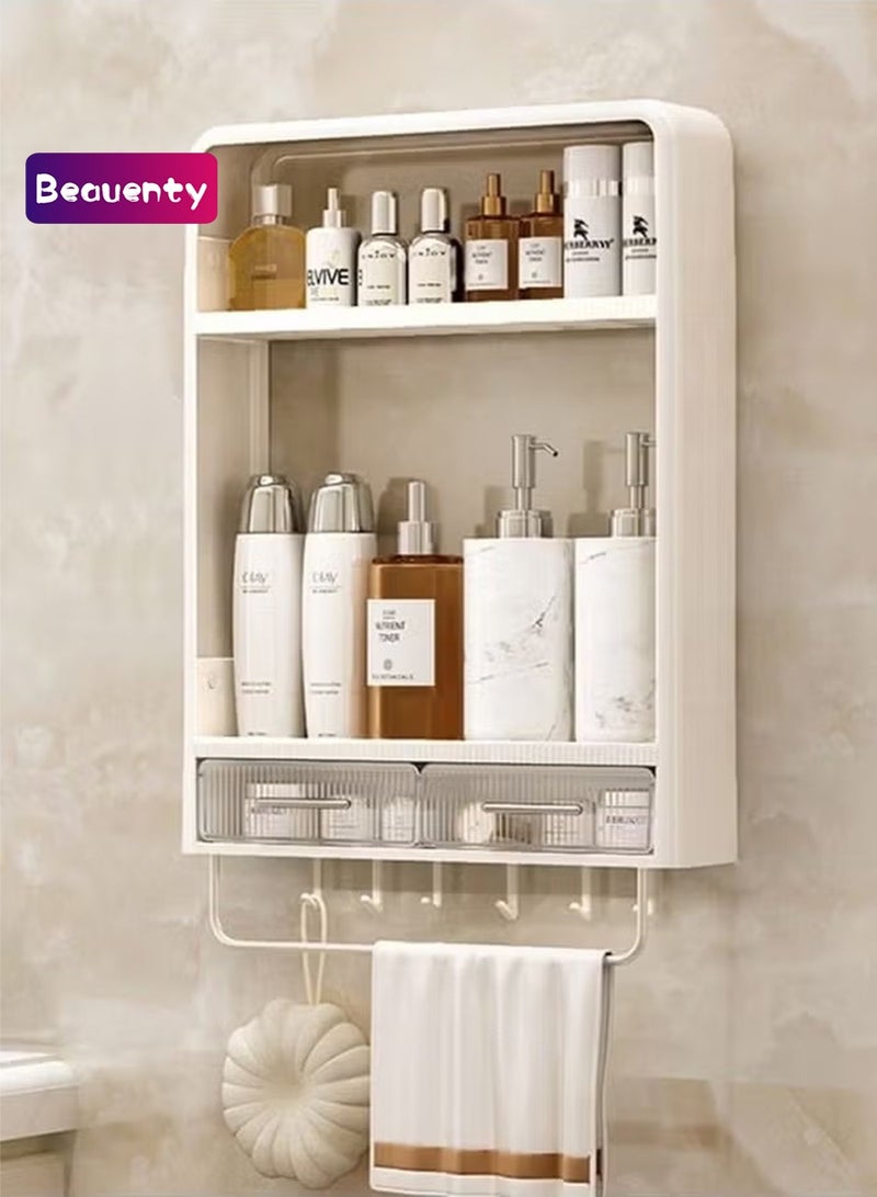 Beauenty 2-Tier Wall Mounted Bathroom Rack Wall Hanger Bath Organizer Makeups Organizer With Hooks and Drawer For Bathroom - Image 1