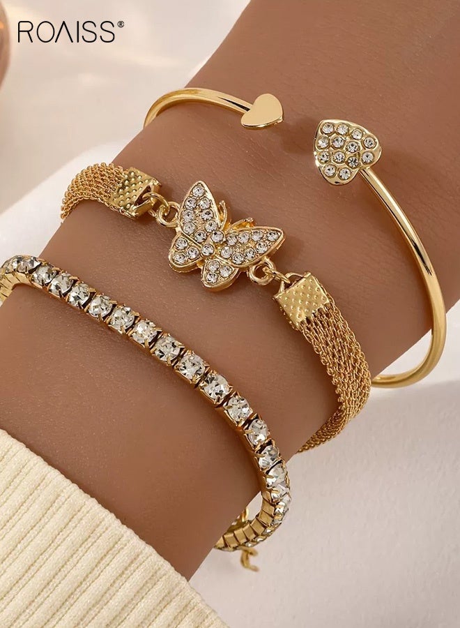 رويس طقم أساور نسائية من 3 قطع: سوار فراشة مرصع بالألماس، سوار قلب بتصميم ريترو بسيط وأنيق، مصنوع من سبيكة معدنية أحادية الطبقة، مجوهرات عصرية مناسبة للارتداء اليومي والحفلات.