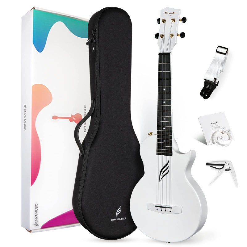 Enya Tenor Ukulele 26 Inch Carbon Fiber Cutaway Travel Ukelele for Adult with Beginner Bundle Kit Including Case Strap Capo and StringsNova U Pro White