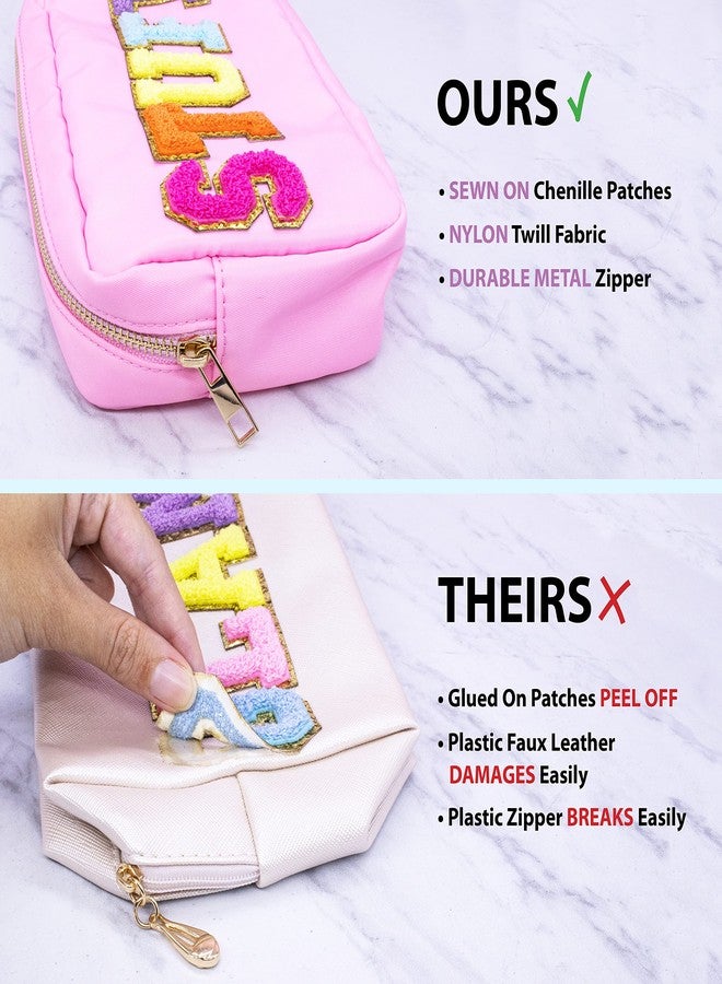 Fablinks Preppy Stuff Bag, Chenille Varsity Letter Makeup Pouch, Pink Nylon Skin Care Zipper Patch Bags Organizer for Women, Travel Make Up Skincare Cosmetic Stocking Stuffers - Image 5