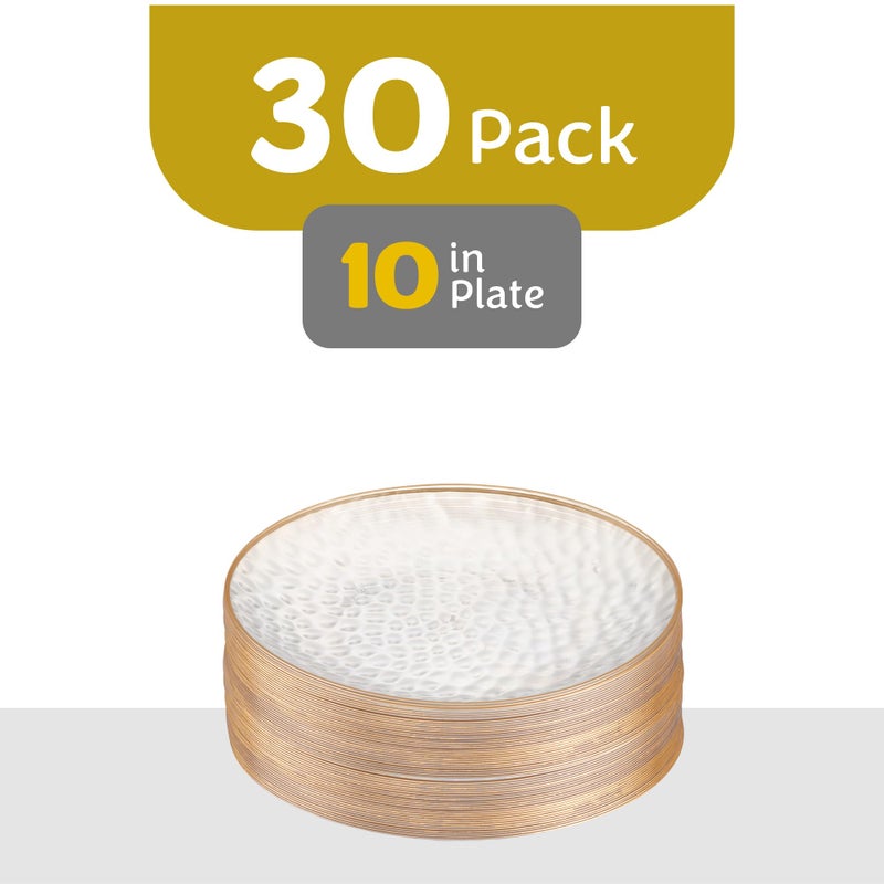 PLASTICPRO أطباق بلاستيكية ثقيلة الوزن 30 حبة بحواف مطروقة من بلاستيك بلاستيك برو، أطباق حفلات أنيقة وواضحة بحواف مطروقة (مطروقة واضحة بحواف ذهبية 10 بوصة) - Image 4