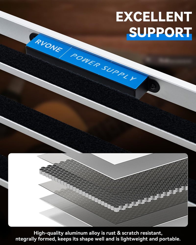 RVONE Guitar Pedal Board with Built-in Power Supply, Large 19.09x12.16" Aluminum Alloy Portable Pedalboard with Bag, Pedal Cables, Hook&Loop RBP-350 - Image 2