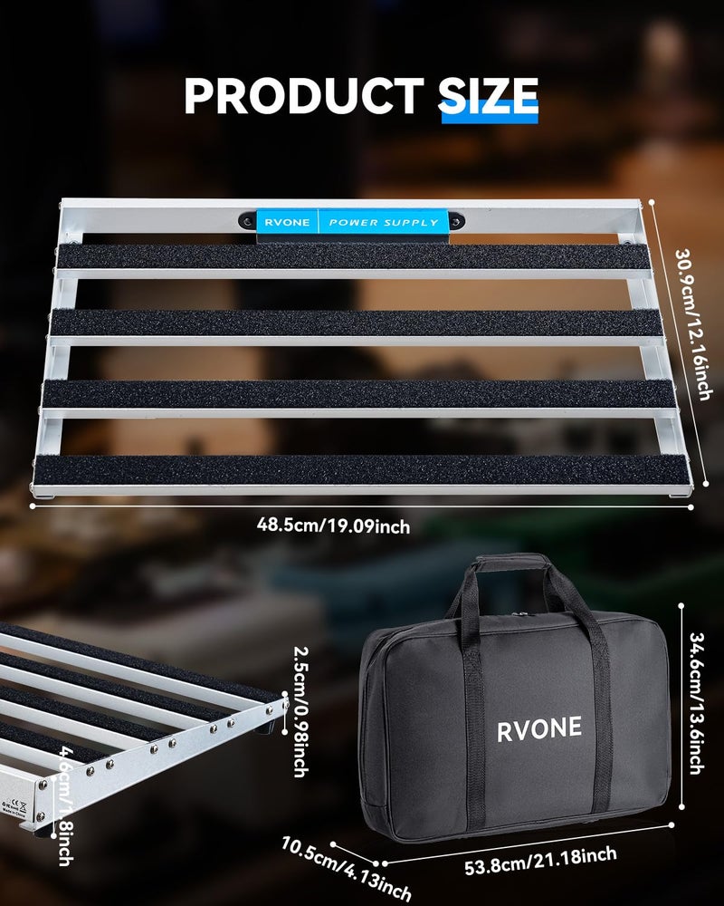 RVONE Guitar Pedal Board with Built-in Power Supply, Large 19.09x12.16" Aluminum Alloy Portable Pedalboard with Bag, Pedal Cables, Hook&Loop RBP-350 - Image 3