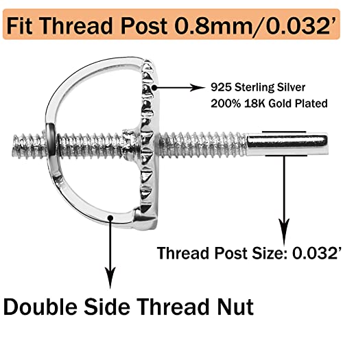DELECOE 2-Pairs Screw Earring Backs for Threaded Post .032"/0.8mm,18K Gold Plated Sterling Silver Screw on Earring Backs Replacements for Diamond Earring Studs, Hypoallergenic Secure ScrewBacks - Image 2