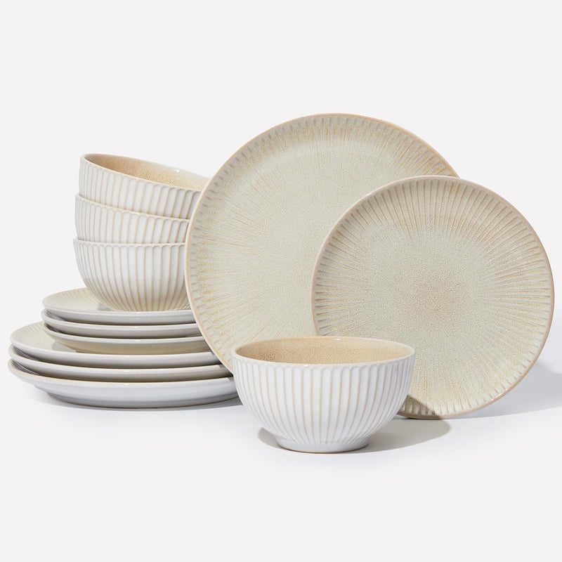 Pokini أطقم أدوات المائدة الخزفية لـ 4 أشخاص 12 قطعة أطباق وأوعية من الحجر الخزفي مقاومة للخدش أطقم أطباق بسطح مميز محبب هدية منزلية زفاف بني - Image 1