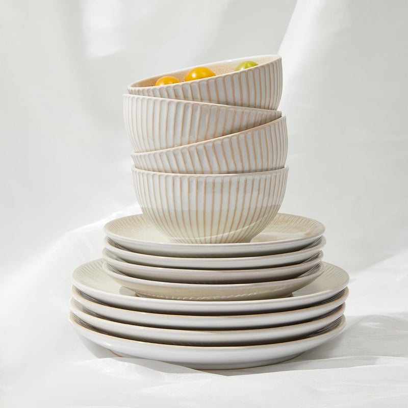 Pokini أطقم أدوات المائدة الخزفية لـ 4 أشخاص 12 قطعة أطباق وأوعية من الحجر الخزفي مقاومة للخدش أطقم أطباق بسطح مميز محبب هدية منزلية زفاف بني - Image 3