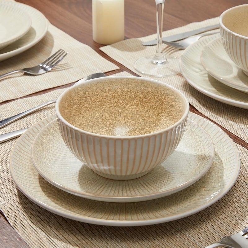 Pokini أطقم أدوات المائدة الخزفية لـ 4 أشخاص 12 قطعة أطباق وأوعية من الحجر الخزفي مقاومة للخدش أطقم أطباق بسطح مميز محبب هدية منزلية زفاف بني - Image 4