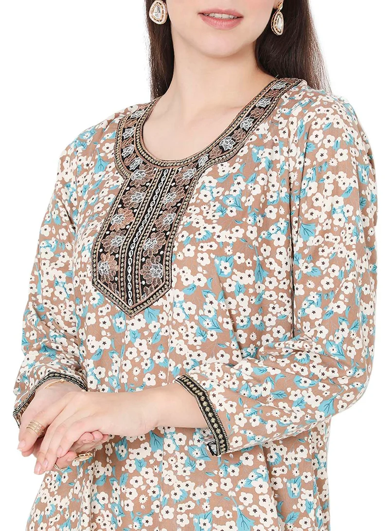 HANA & SARA MODEST VISCOSE EMBROIDERED AND FLORAL PRINTED ARABIC JALABIYA KAFTAN DRESS