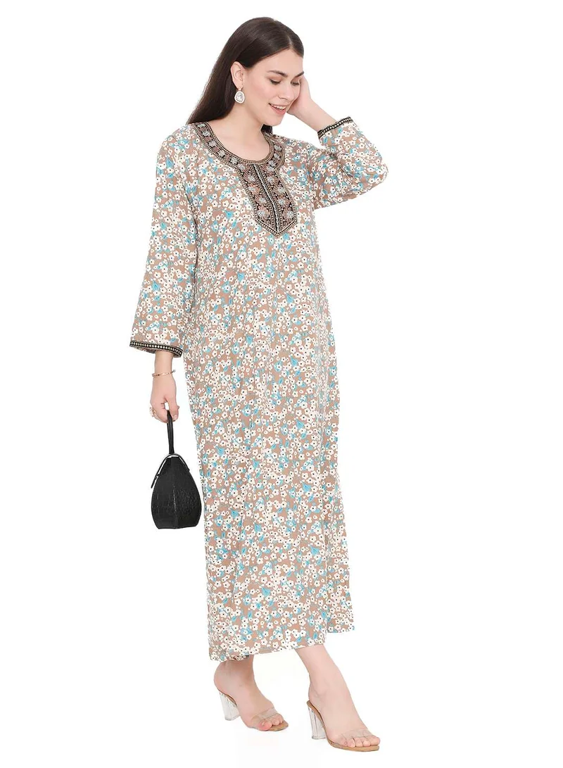 HANA & SARA MODEST VISCOSE EMBROIDERED AND FLORAL PRINTED ARABIC JALABIYA KAFTAN DRESS