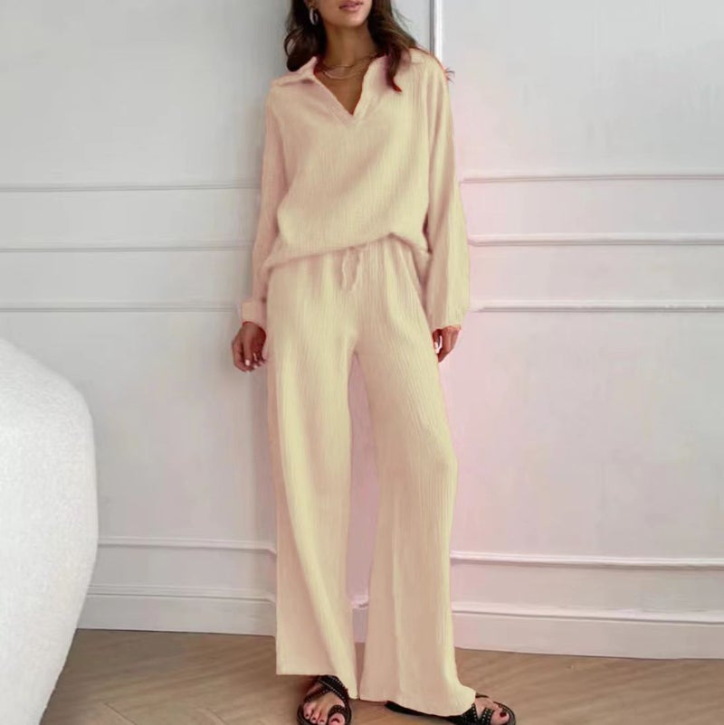2024 Europe and the United States cross-border Amazon new cotton and linen suit cardigan long sleeve jacket pocket wide leg pants two-piece set Creamy-white