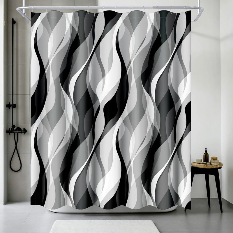 weesire White and Grey Shower Curtain for Bathroom White and Black Shower Curtain Fabric Modern Abstract Striped Minimalist Bath Curtains Waterproof Shower Curtains Set, Black Gray White, 72 x 72 Inch - Image 3