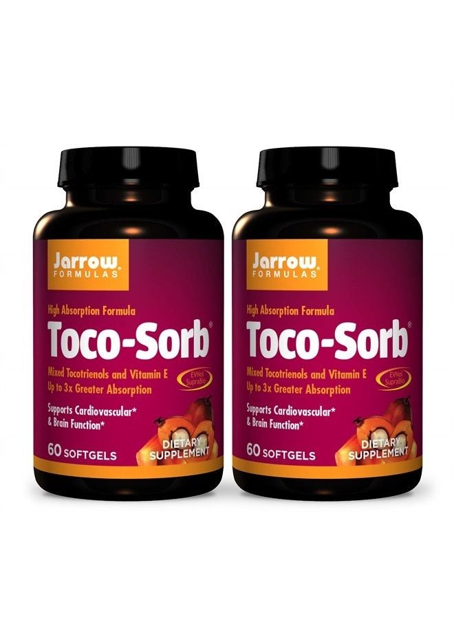 Toco-Sorb - 60 Softgels, Pack of 2 - Cardiovascular Health & Brain Function Support - High Absorption Formula - Mixed Tocotrienols & Vitamin E - 120 Total Servings