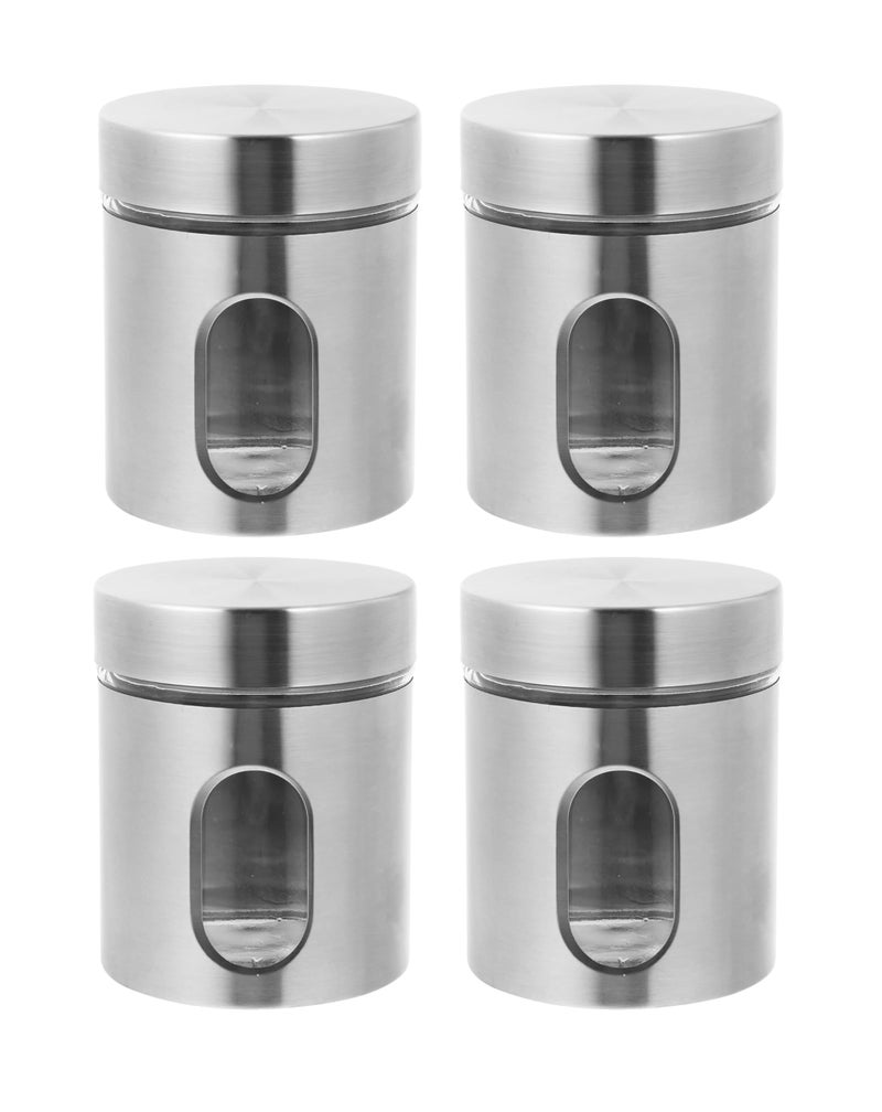 WRINGO Steel Cover Window Clear Glass Jars for Kitchen Storage Food Spices Canister with Airtight Lid Container Organizer, Tea Coffee & Sugar (Silver - 600ML, Set of 4) - Image 1