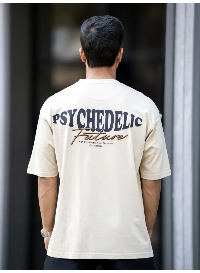 مانياك Maniac Mens Printed Round Neck Half Sleeve Biscuit and Black Cotton T-Shirt